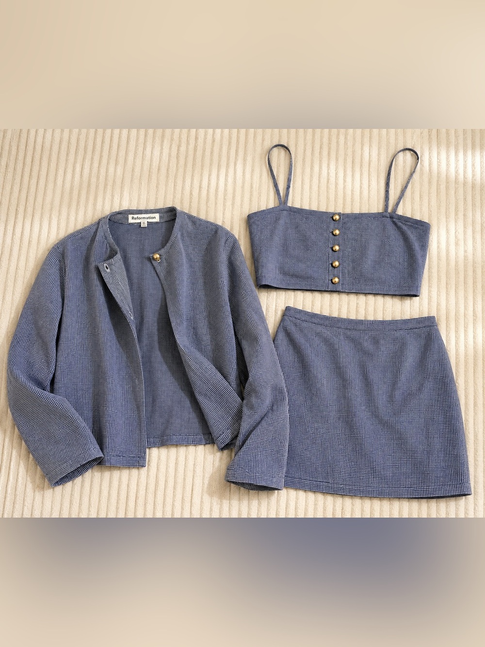 Reformation Blue Checked Three-Piece Set with Buttoned Crop Top